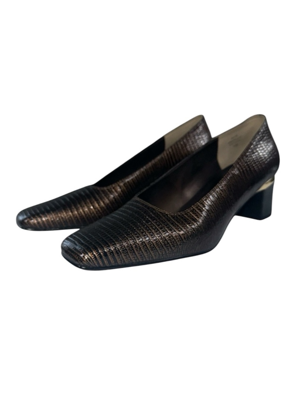 J. Renee Beam Cognac Lizard Print Low Block Heel Pump Bronze Metallic Size 7.5